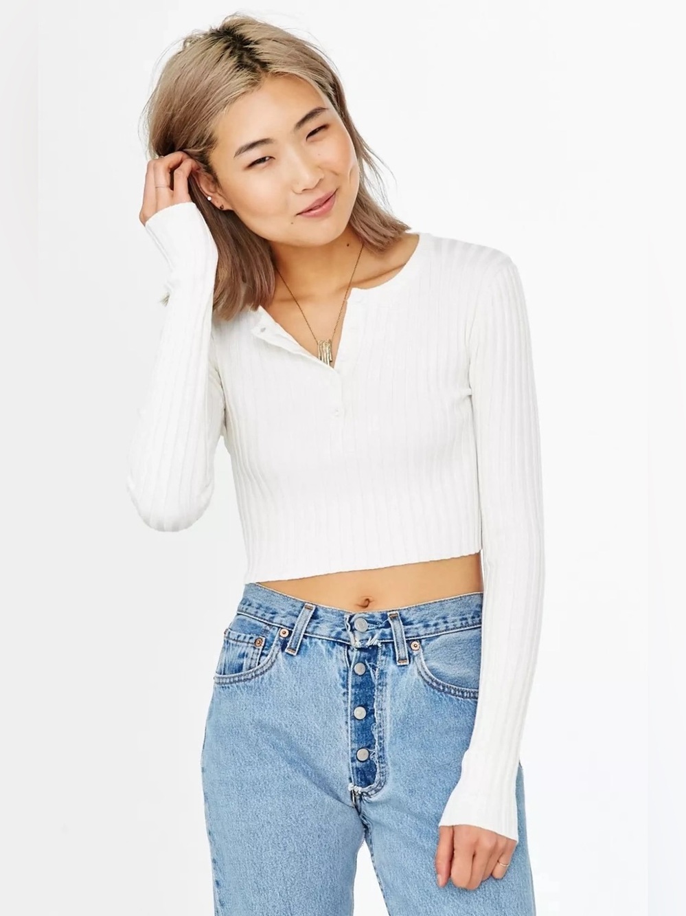 UNIF x Urban Outfitters White Ribbed Cropped Henley Top. Size S